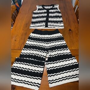 2 Piece Black White Zig Zag Stripe Knit Sweater Pant Button Cardigan Vest Outfit